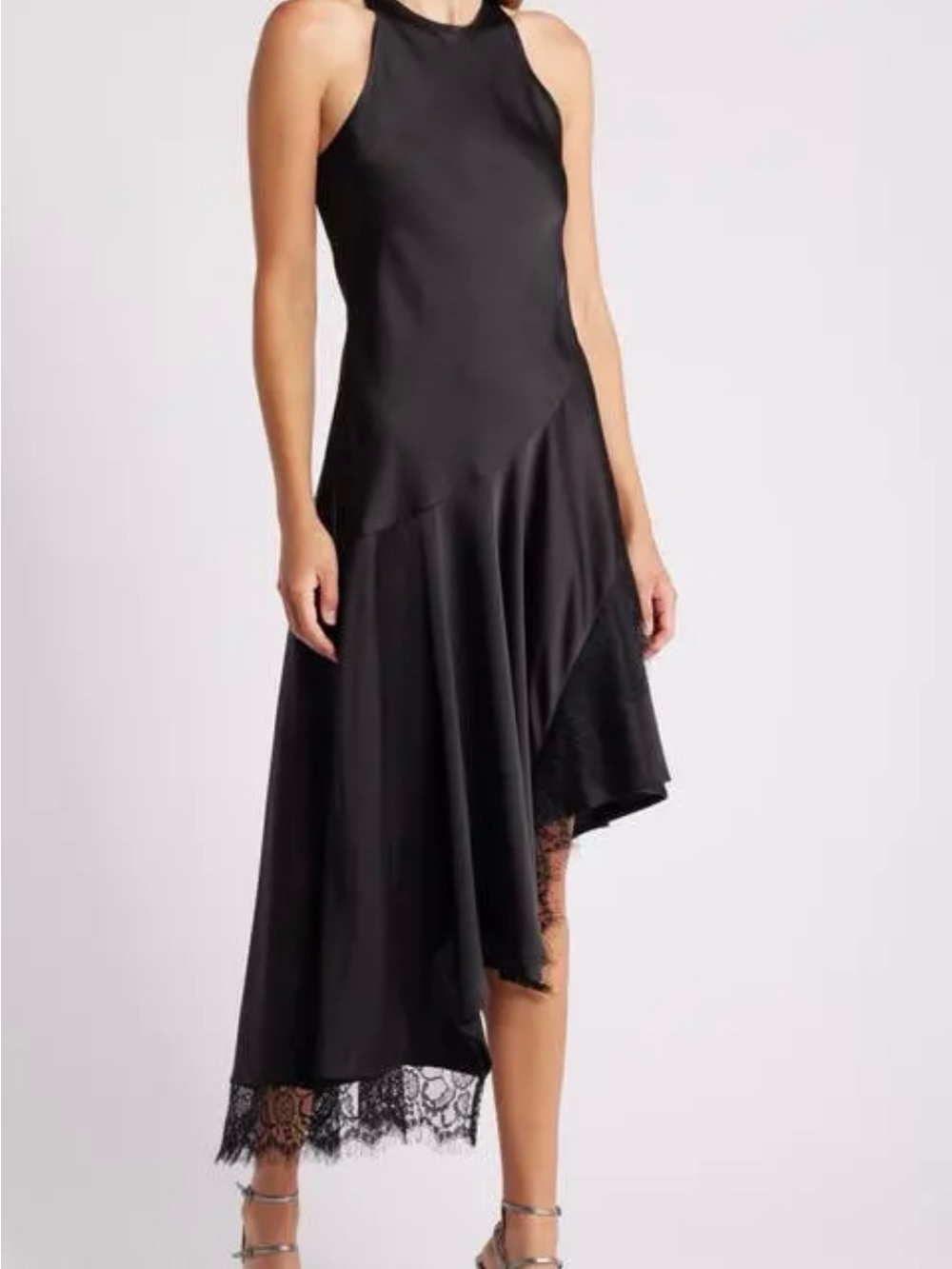 Asymmetric lace hem, satin dress in black ~L